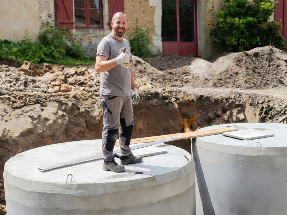 Un professionnel se tient sur des cuves en béton à enterrer posées en fouille et dédiées au stockage de l'eau de pluie
